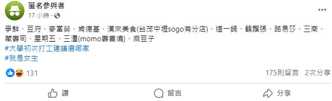 原PO好奇她人生初次打工應選哪一間餐廳？（圖／翻攝自「匿名公社」臉書）