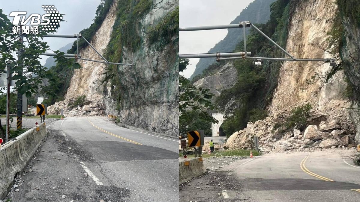 花蓮也山崩!巨石掉落「雙向道路阻斷」 急搶修畫面曝光