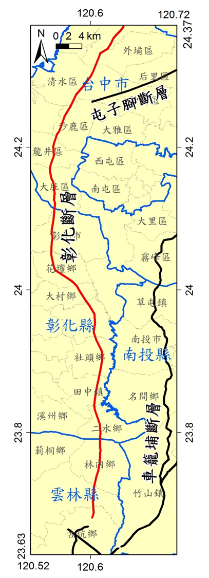 彰化斷層構造沿線之行政區域圖。（圖／翻攝台灣地震模型）