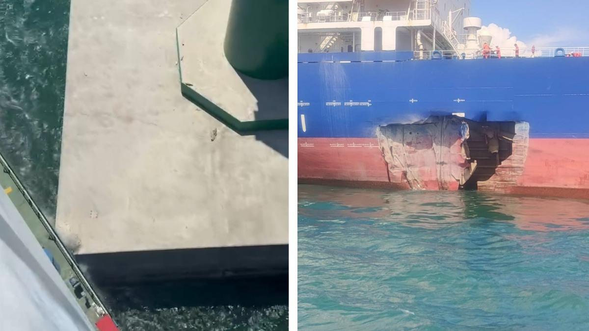 油輪擦撞高雄港防波堤，船身破一大洞。（圖／翻攝自記者爆料網）