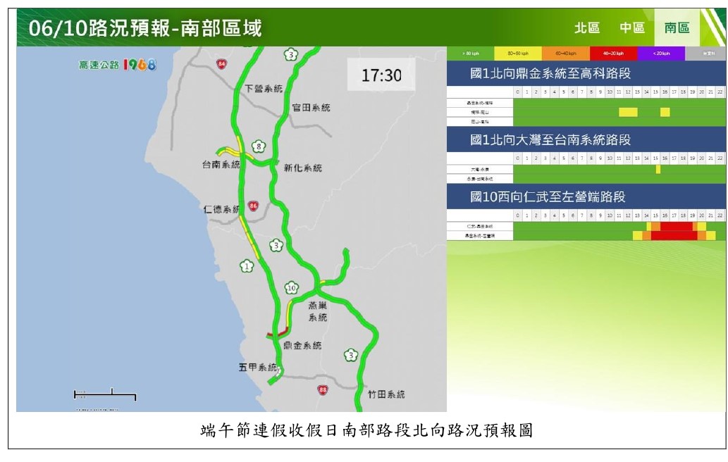 端午連假最後一日,南部路況預報圖。(圖/高公局提供)