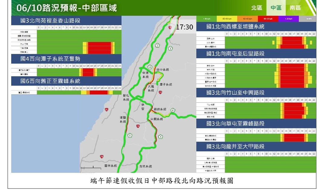 端午連假最後一日,中部路況預報圖。(圖/高公局提供)