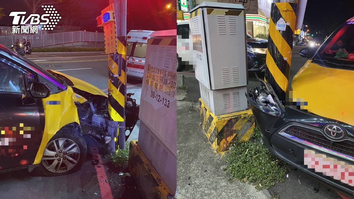 有片／台中小黃暴衝！撞紅綠燈「車頭掀翻」　運將一度叫不醒