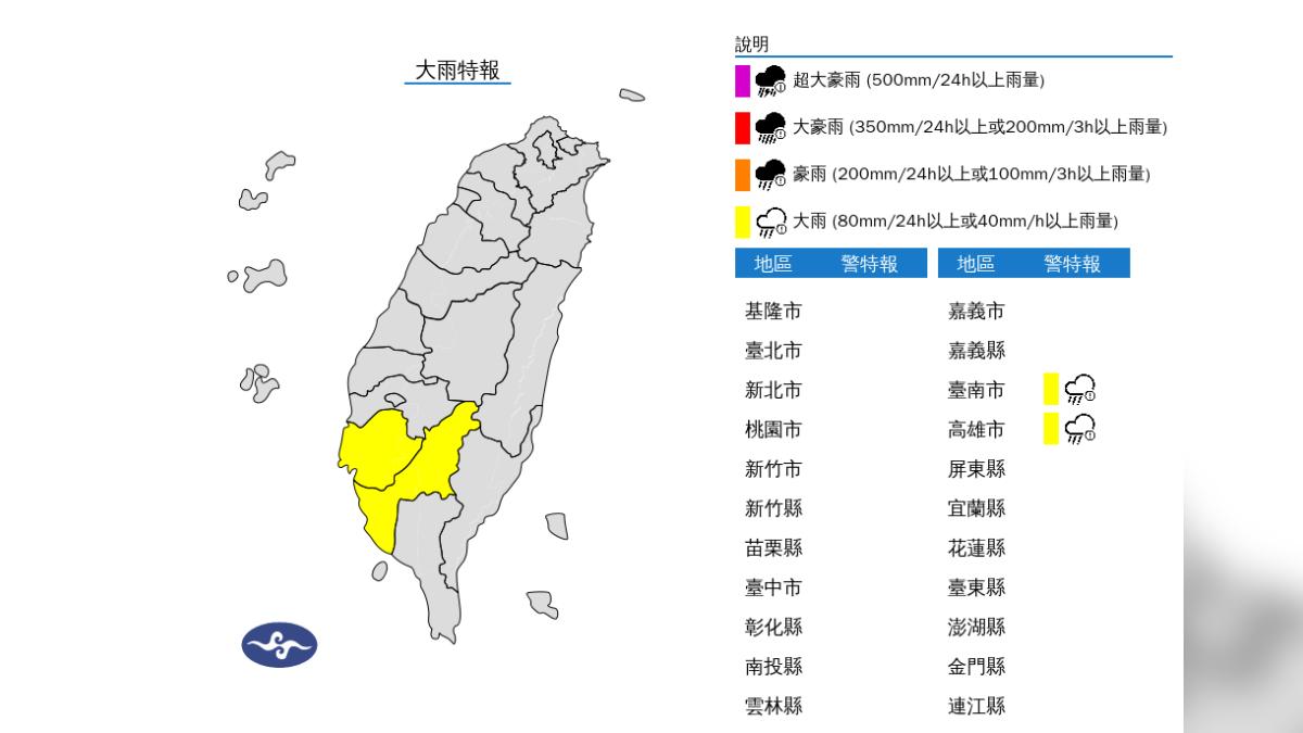 中央氣象署針對台南市及高雄市發布大雨特報。(圖/中央氣象署)