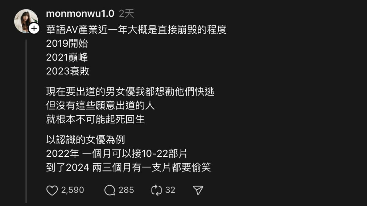 吳夢夢在threads分享女優的困境,接案數量銳減。(圖/翻攝自吳夢夢threads)