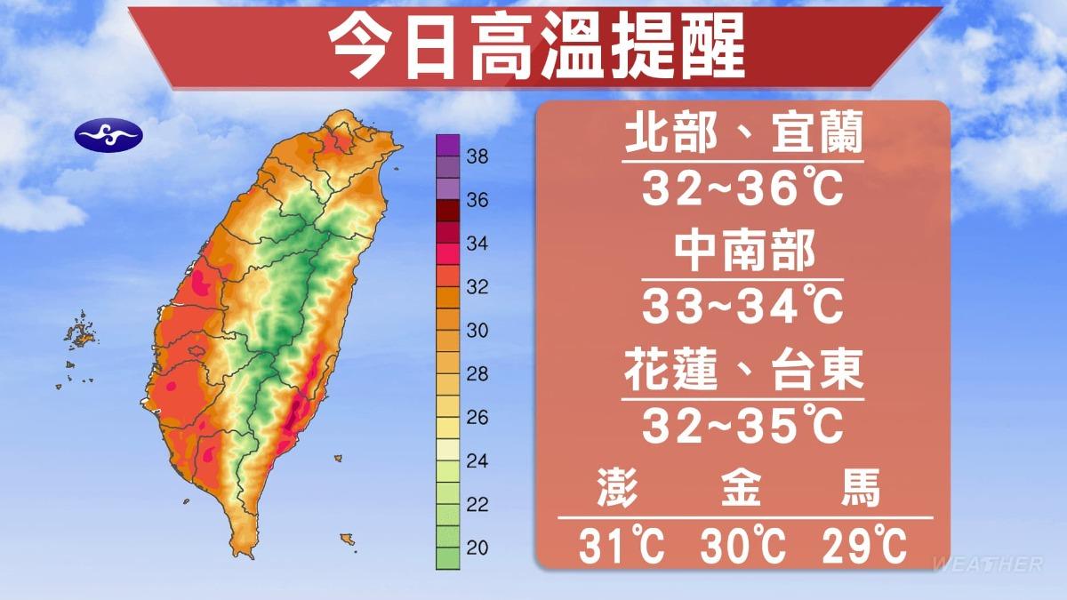 北部高溫36度，中南部高溫34度。（圖／TVBS）