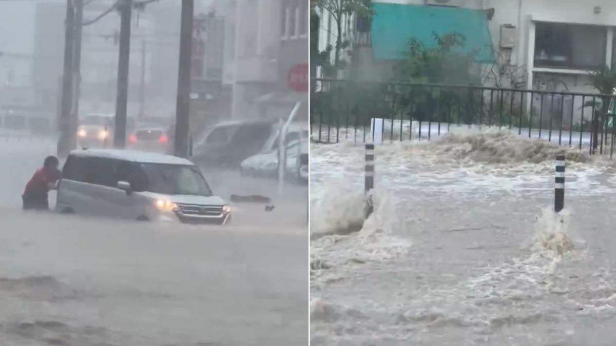 赴日注意！沖繩破紀錄大雨時雨量飆破110毫米　民眾泡水推車