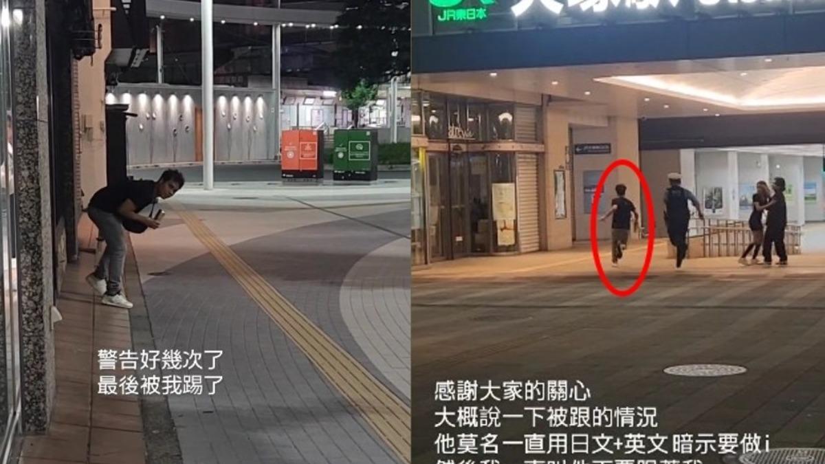 痛到歪腰摀蛋或跑給警察追,男子始終沒放下手上的酒水。(圖/翻攝自何芝寧IG)