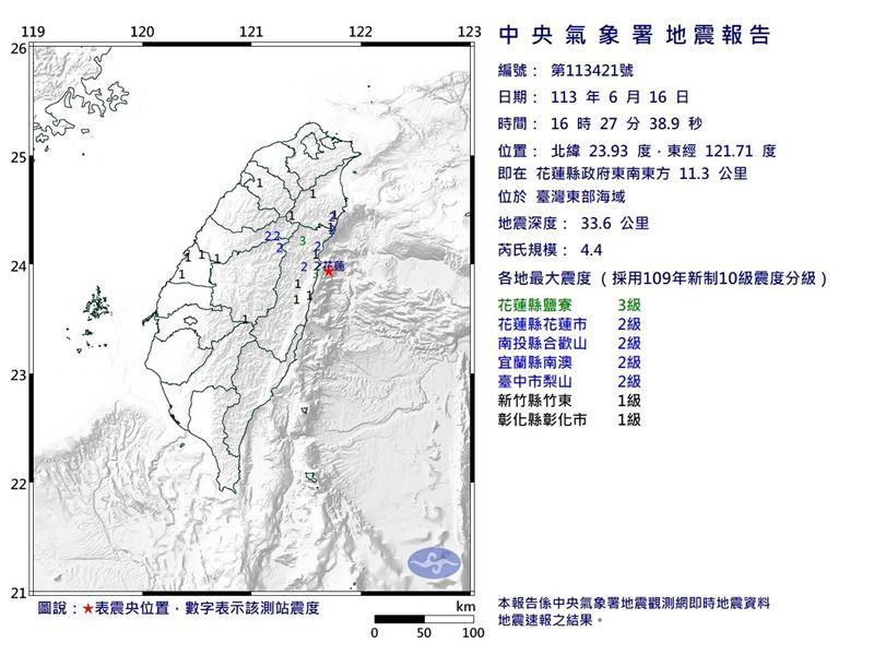 今(16)日下午16時27分花蓮地區發生規模4.4地震。(圖/中央氣象署)