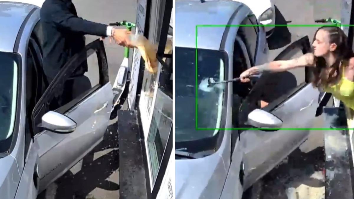 有片/遭奧客往臉上潑咖啡!比基尼店員怒抄鐵鎚砸爆他擋風玻璃