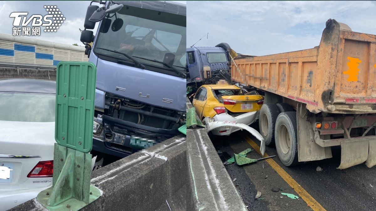 國2砂石車折甘蔗連環撞!小黃慘成「夾心餅乾」 回堵1公里
