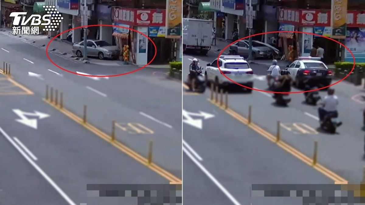 小轎車失控衝上人行道撞擊店面樑柱，監視器拍下驚悚過程。（圖／TVBS）