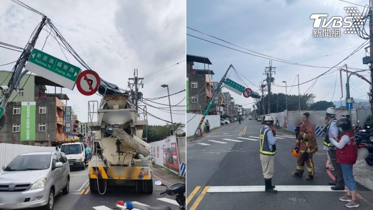 超驚險!水泥預拌車「勾電線扯歪號誌桿」 騎士急剎躲死劫