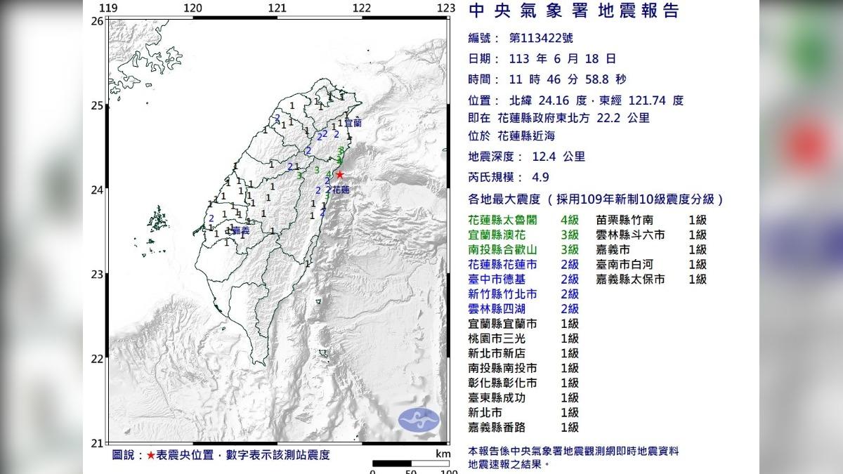 14縣市有感!11:46規模4.9地震 花蓮最大震度4級