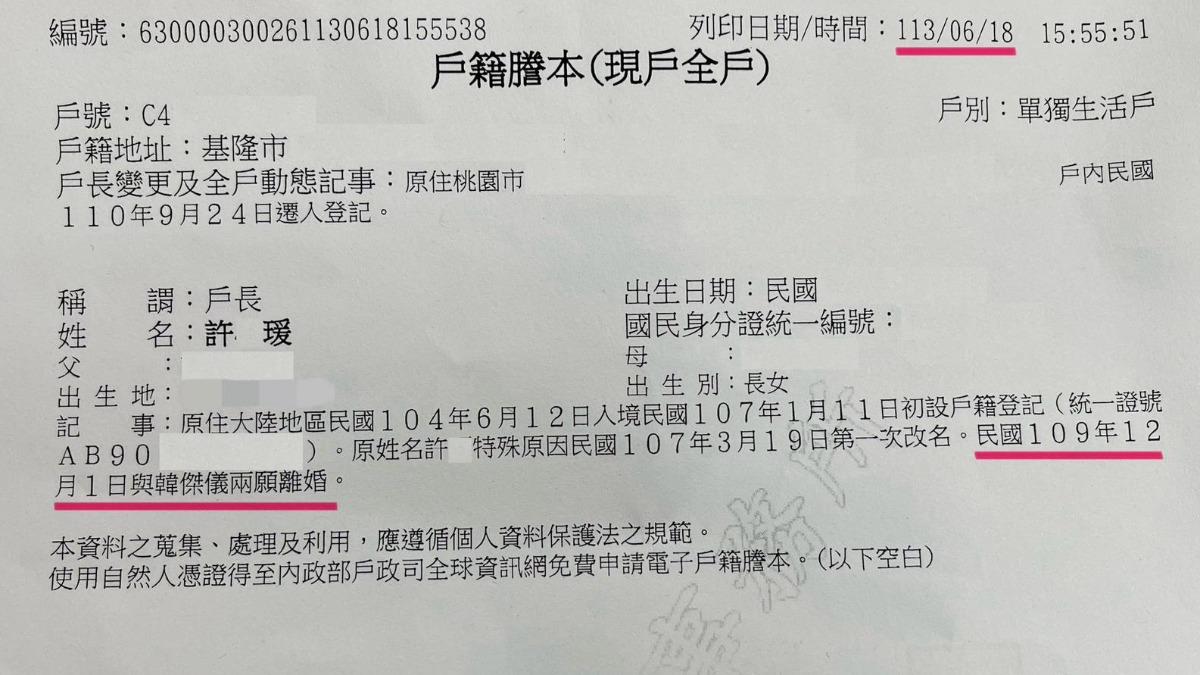 夏米雅公開日前申請的戶籍謄本，證實早已離婚。（圖／夏米雅提供）