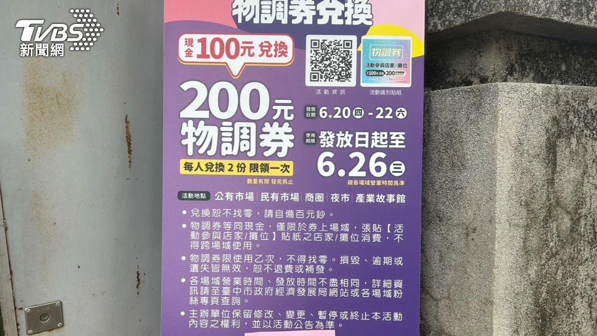 市場規定「現金1百元可兌換2百元物調券,每人兌換2份,現領一次」。(圖/林冠丞攝)