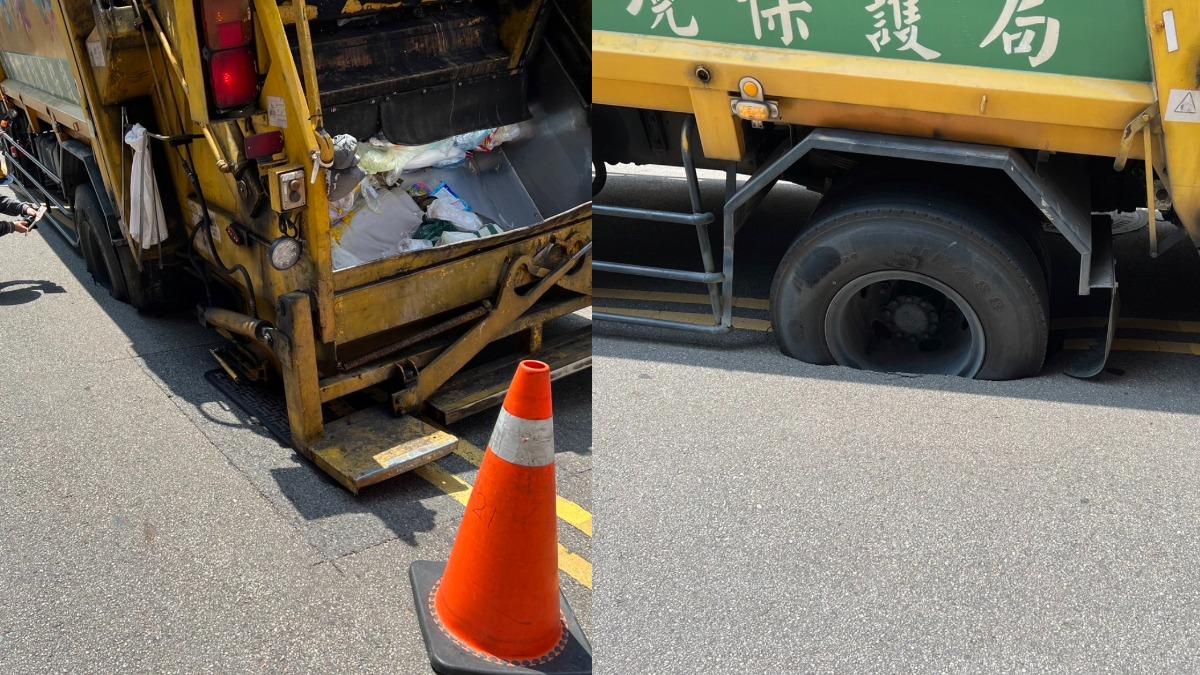 台中又傳路面塌陷！等紅燈突卡「一公尺坑洞」　垃圾車後輪被吃掉