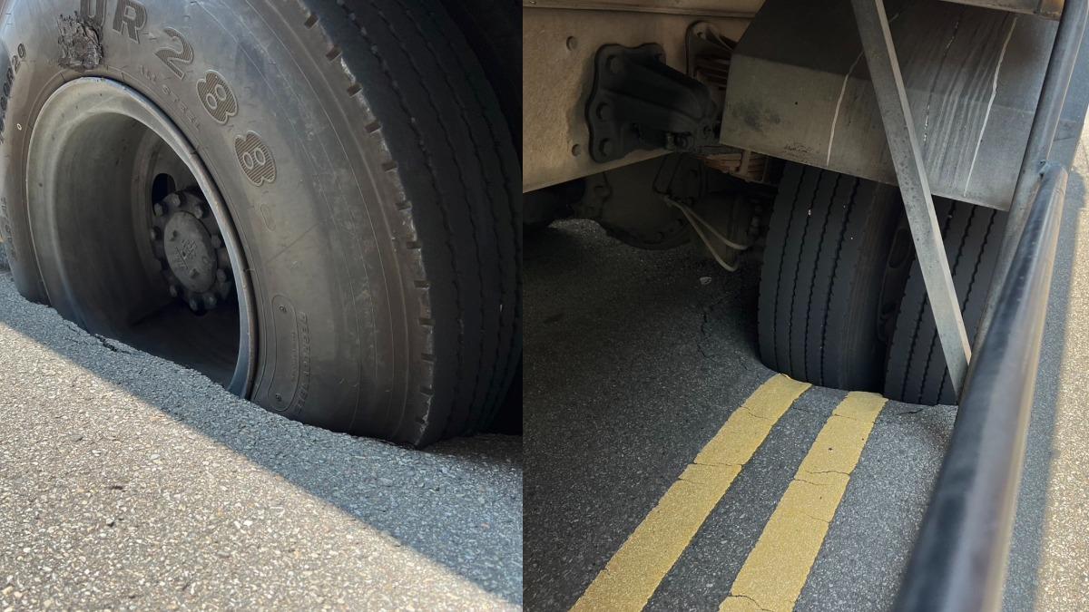 一輛環保局的垃圾車在寶山東二街跟忠勇路交叉口等紅綠燈時，突然遭遇路面坍塌。（圖／前台中市議員張耀中提供）
