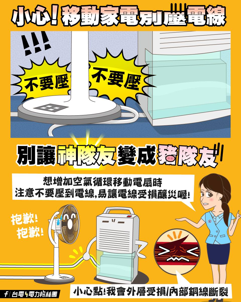 台電提醒移動家電小心別壓到電線。(圖/台電電力粉絲團)