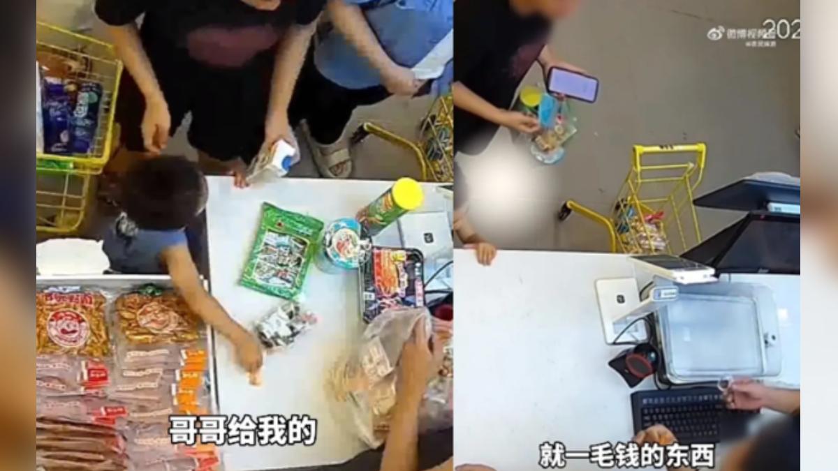 男童偷拿糖果卻謊稱店員給的。（圖／翻攝自微博）