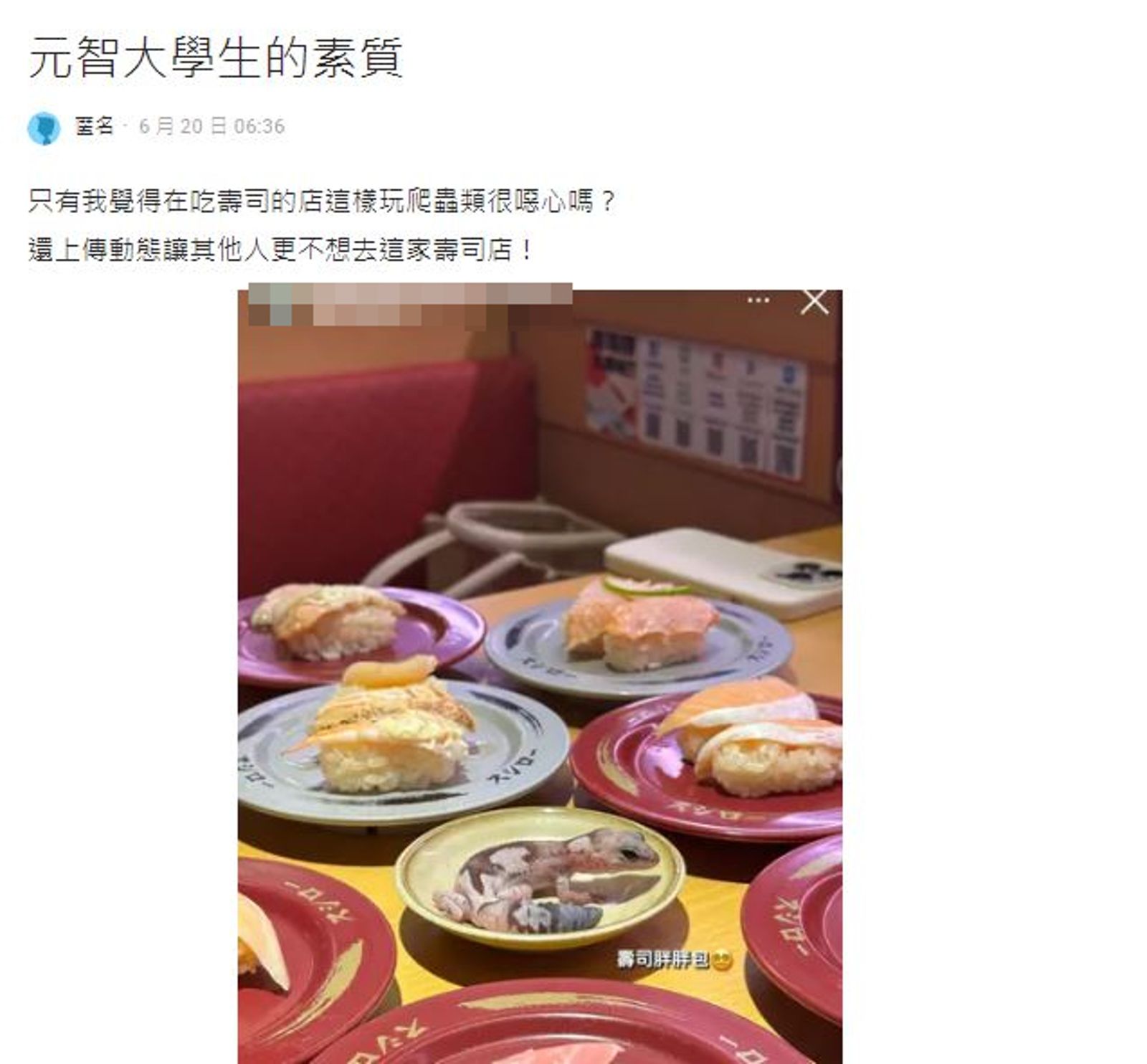 網友發文怒批該名學生將寵物蜥蜴放在碟子上的行為很噁心。(翻攝自Dcard)