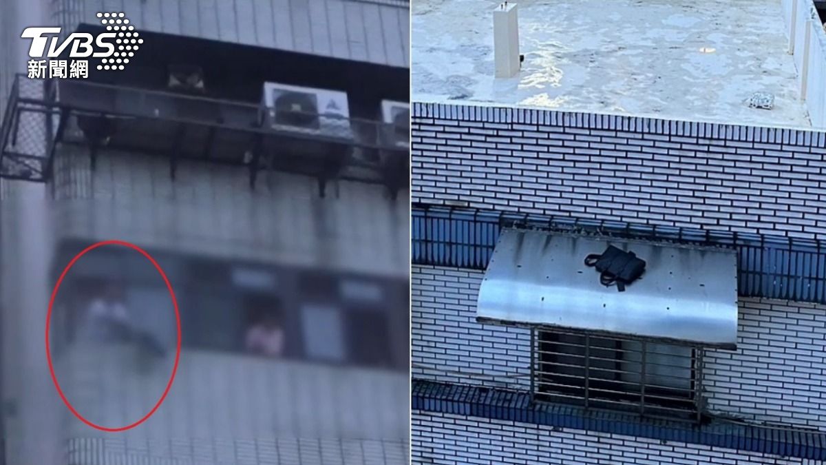 警方攻堅毒窟,犯嫌將毒品、槍枝丟包在別棟大樓的遮雨棚。(圖/TVBS)