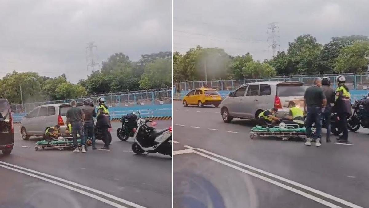 禮讓救護車!休旅車變換車道遭追尾 重機女騎士慘摔斷手