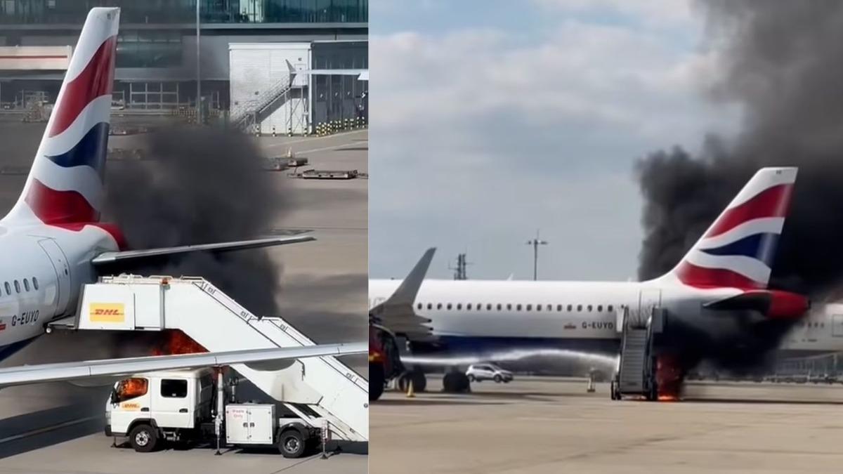 英航客機停放在倫敦希斯洛機場時，負責架設登機樓梯的一輛地面車輛卻突然起火。（圖／翻攝自每日郵報）