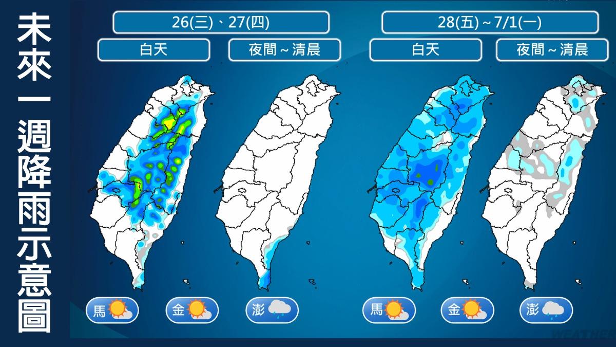 未來一週降雨示意圖。(圖/中央氣象署)