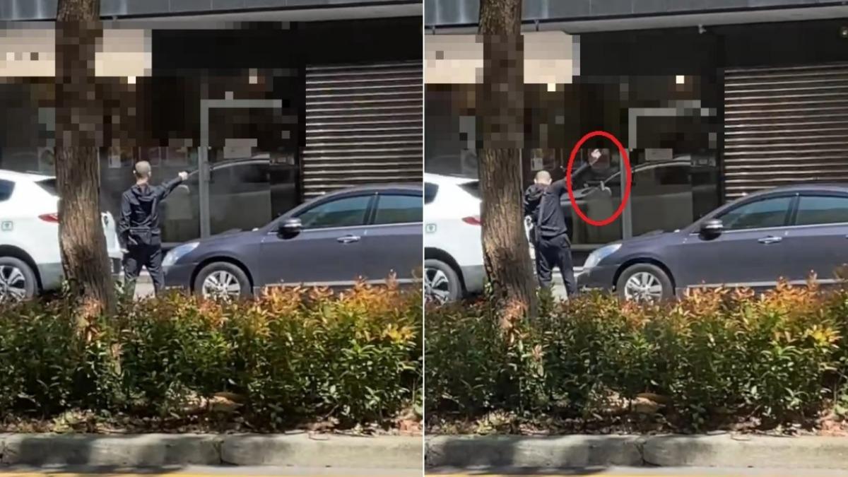 光頭槍手持槍狂轟店面，期間還換彈夾繼續開槍。（圖／翻攝記者爆料網）