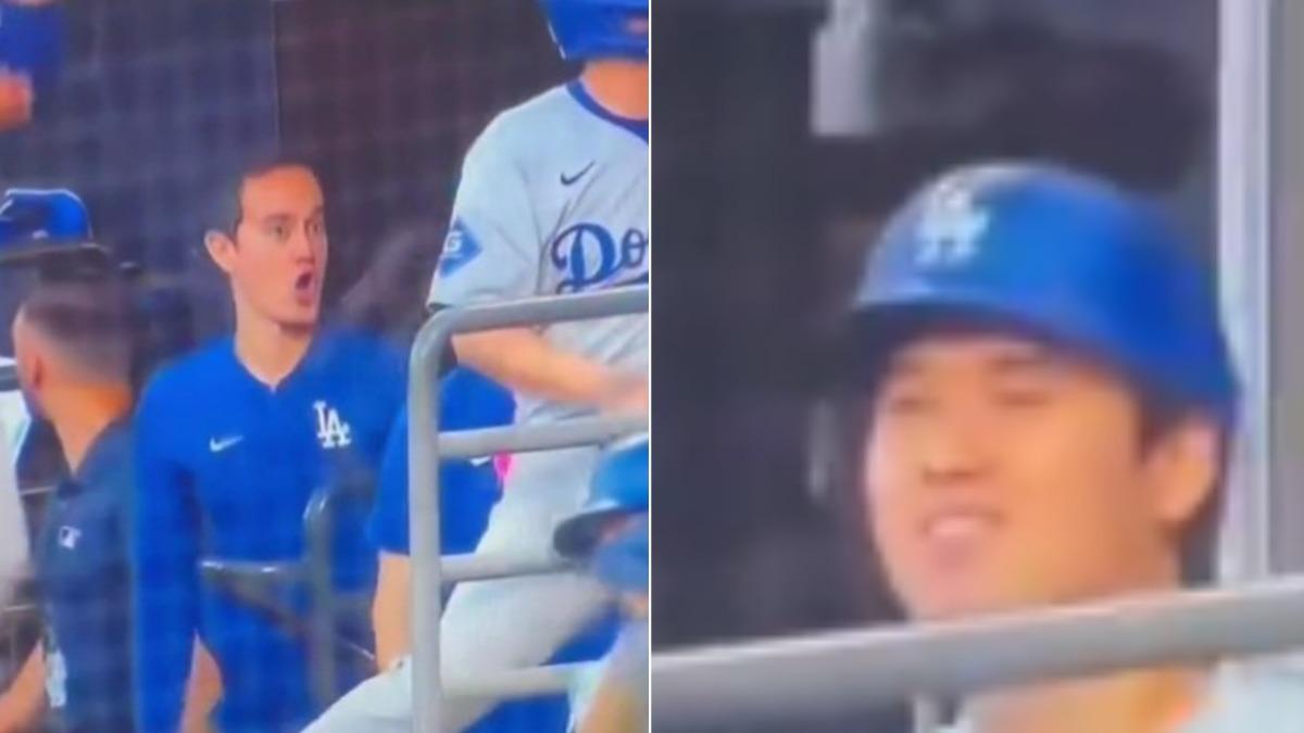 大谷翔平(圖右)和翻譯艾爾頓(圖左)都對球僮徒手接球感到震驚。(圖/翻攝自X@BenVerlander)