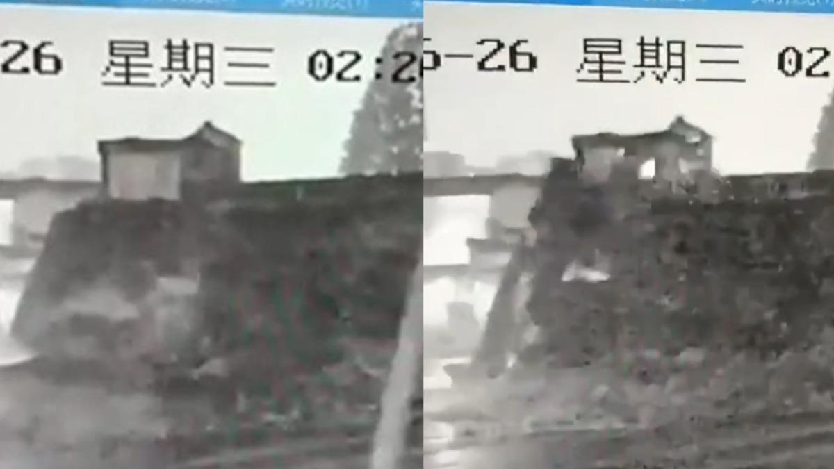 水亭門古城牆在雨中坍塌。（圖／翻攝自微博）
