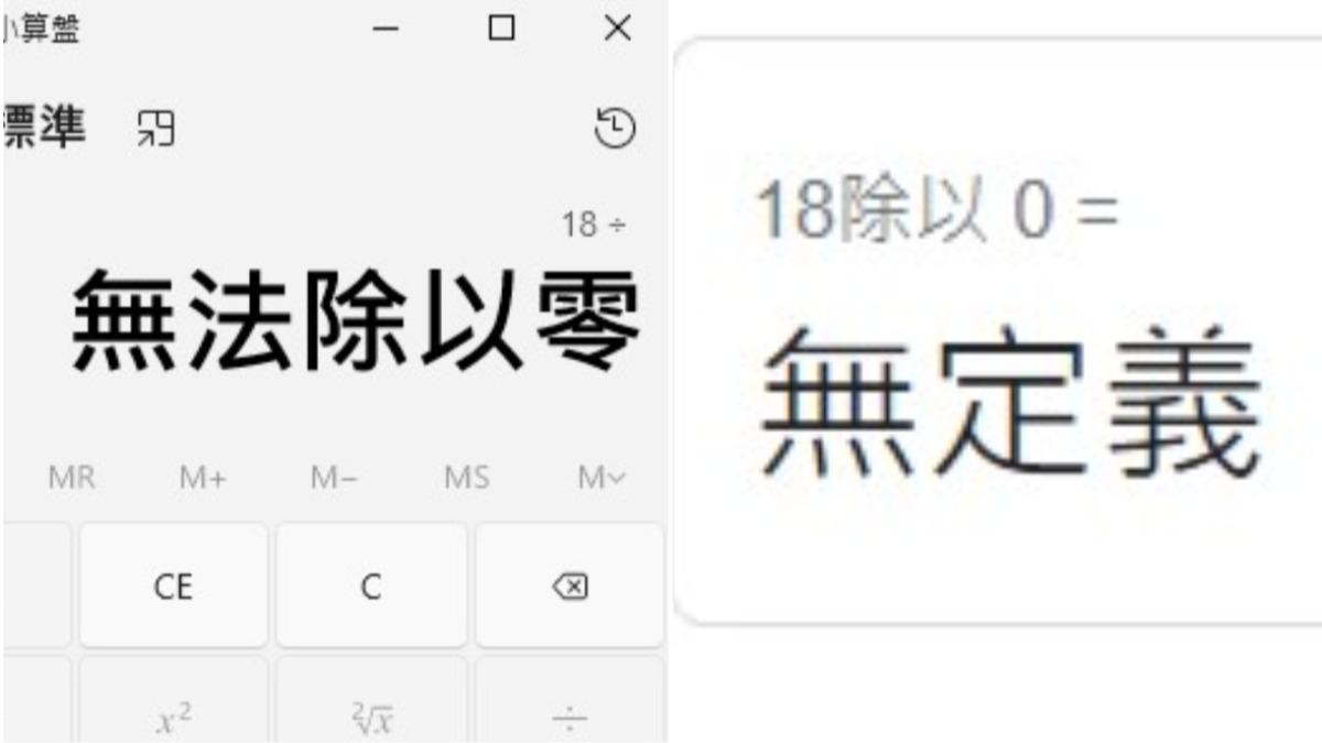 18除以0無法定義。（圖／翻攝自Google、小算盤）