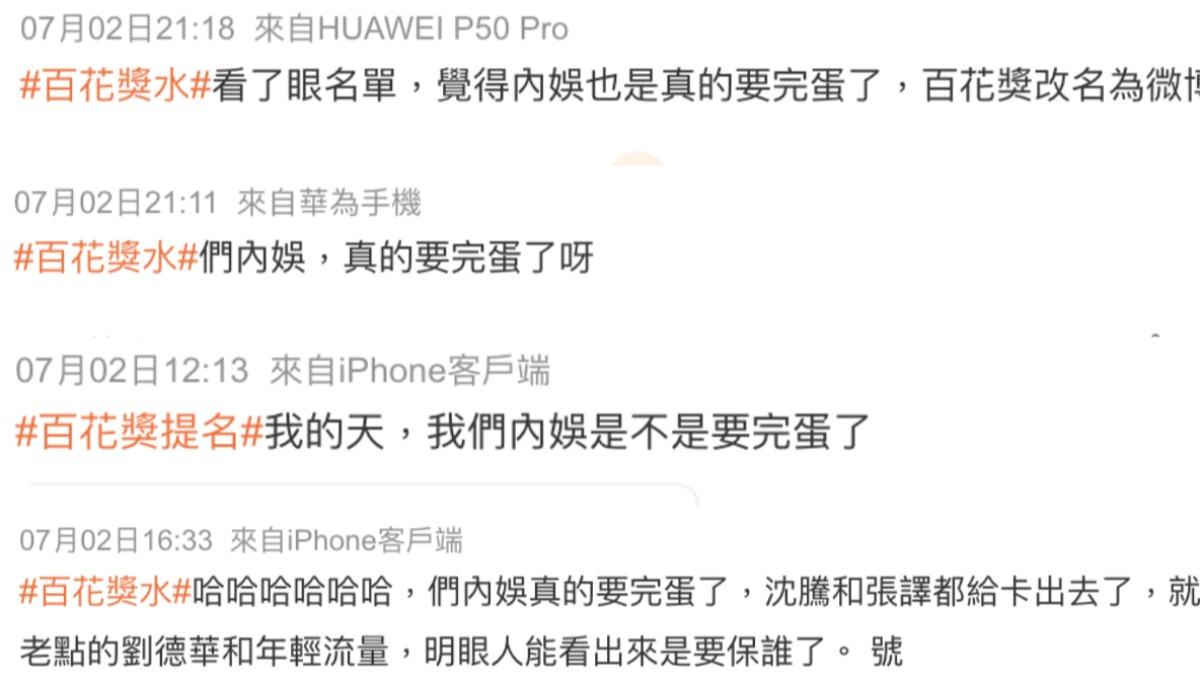 百花獎名單公佈後引起熱烈討論,許多人直批「內娛完蛋」。(圖/翻攝自微博)