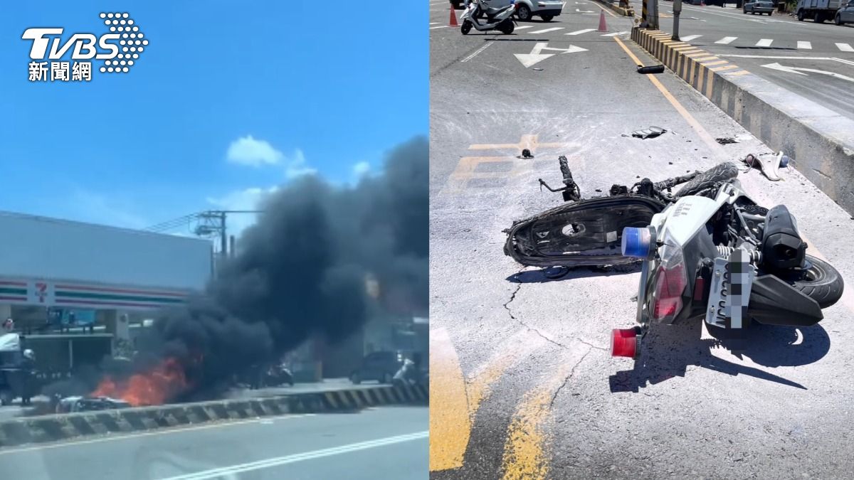 有片/趕處理自戕案遇禍!彰化警鳴笛左轉遭撞飛 車子狂燒成廢鐵
