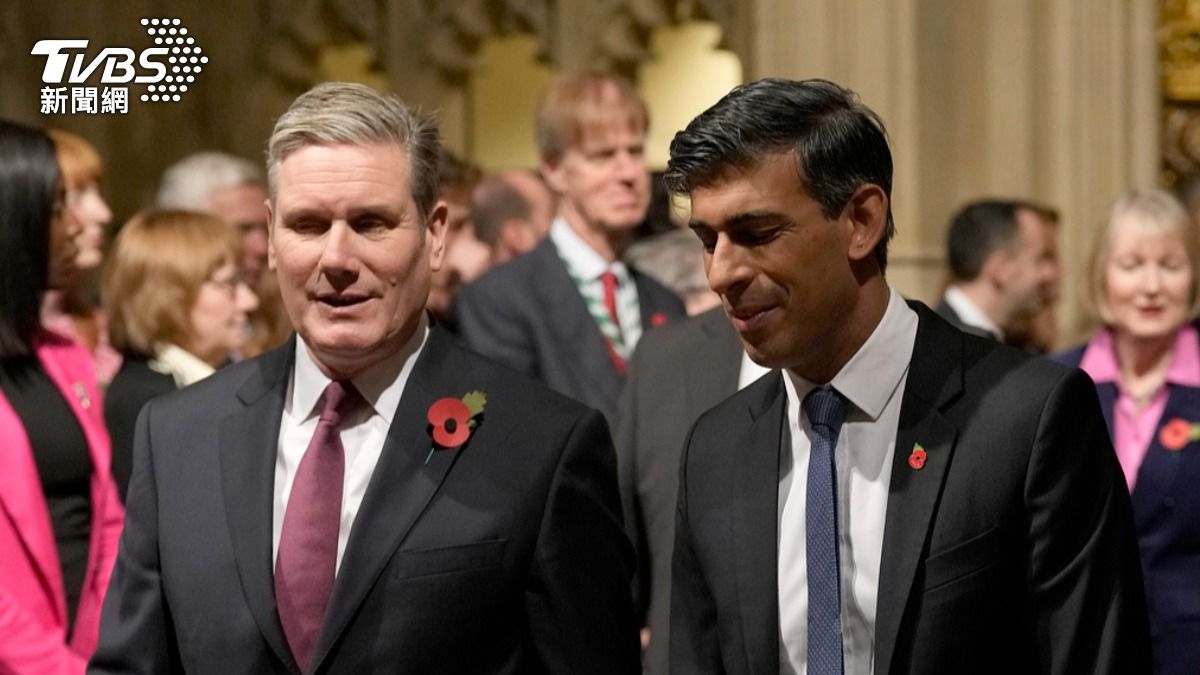 英國首相蘇納克(圖右)承認敗選,並致電工黨黨魁施凱爾(圖左)祝賀。(圖/達志影像美聯社)