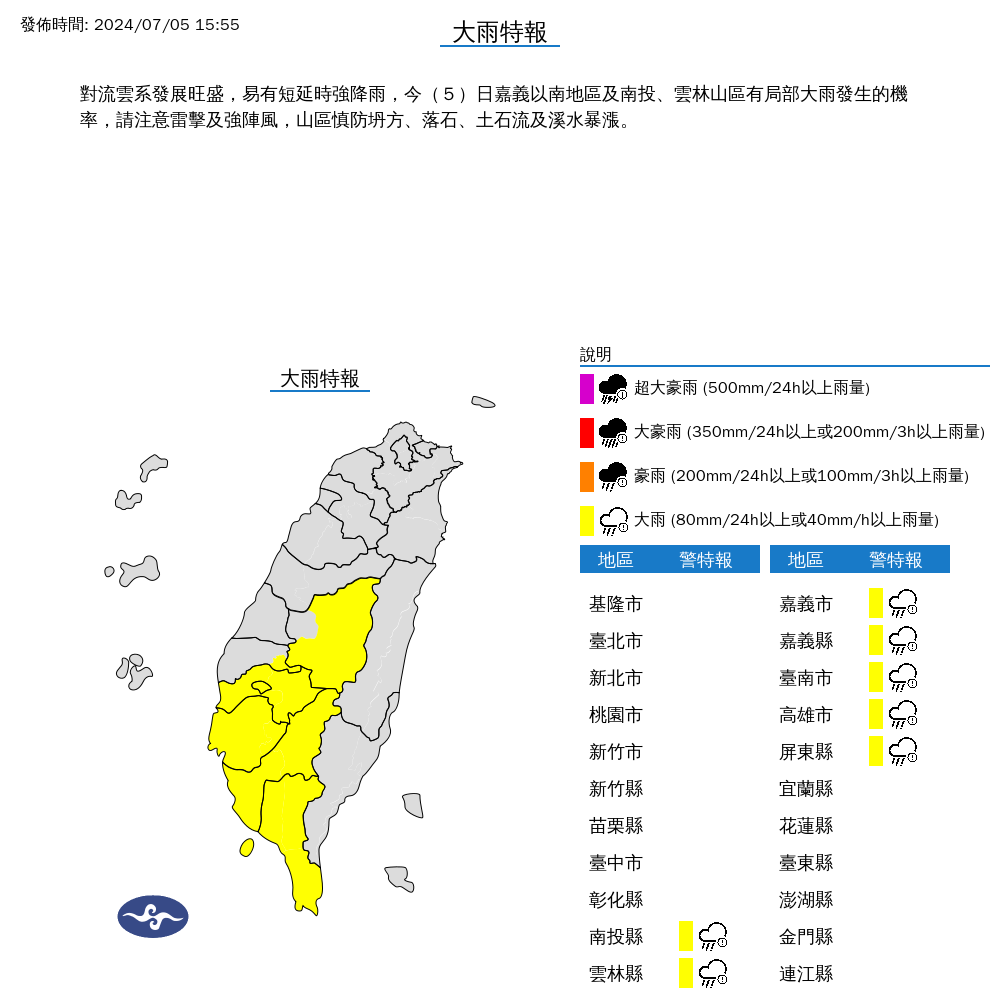 氣象署5日針對7縣市發布大雨特報。（圖／氣象署提供）