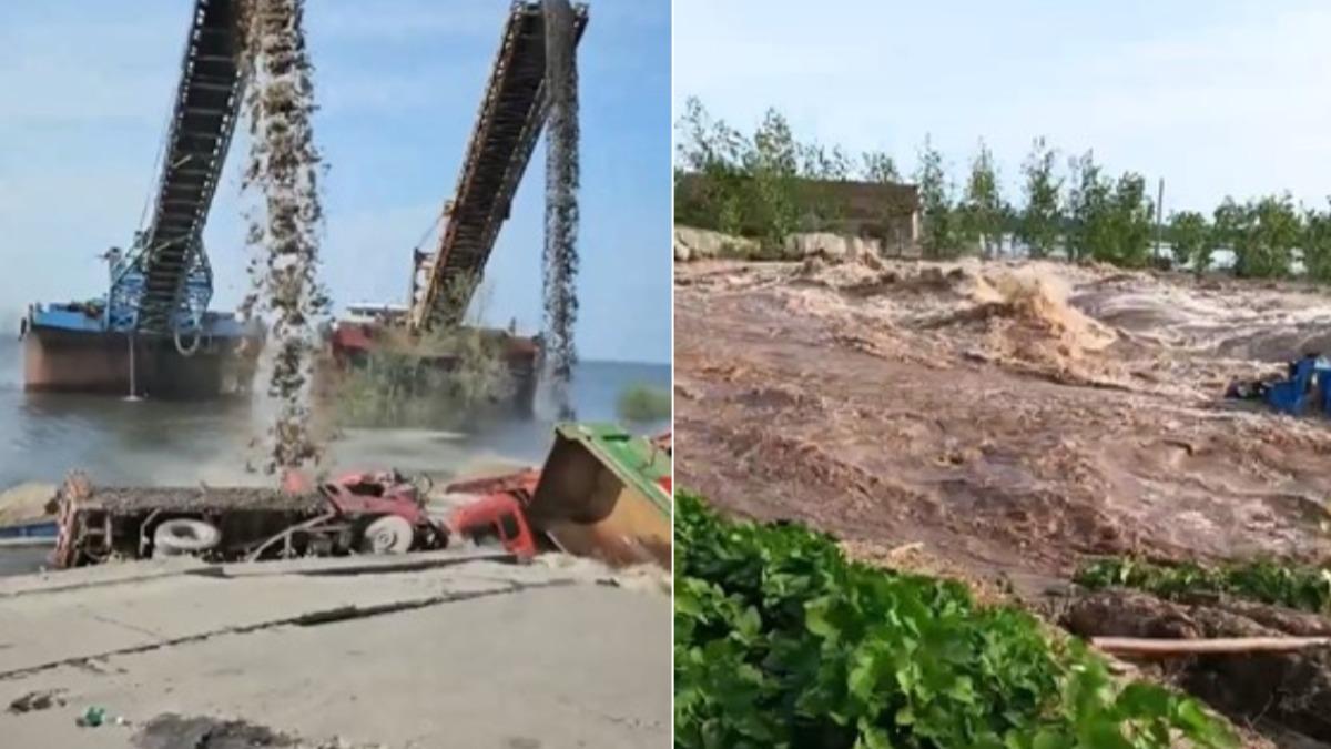 洞庭湖潰堤防堵無效,滾滾泥水沖向市區。(圖/翻攝自 微博 )