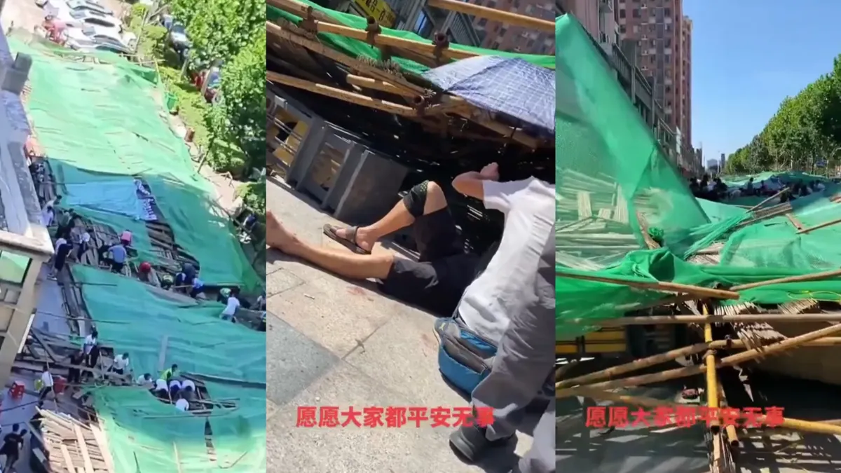 有片/武漢超長鷹架「整片倒塌」!橫擋路中央 多人被壓住受困
