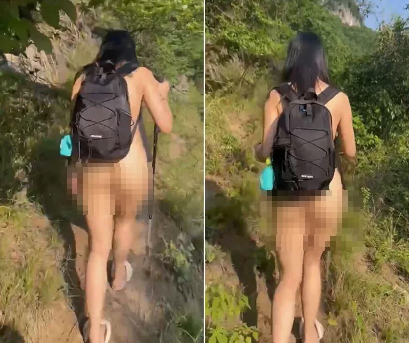 辣妹登山不穿衣服。（圖／翻攝自X）