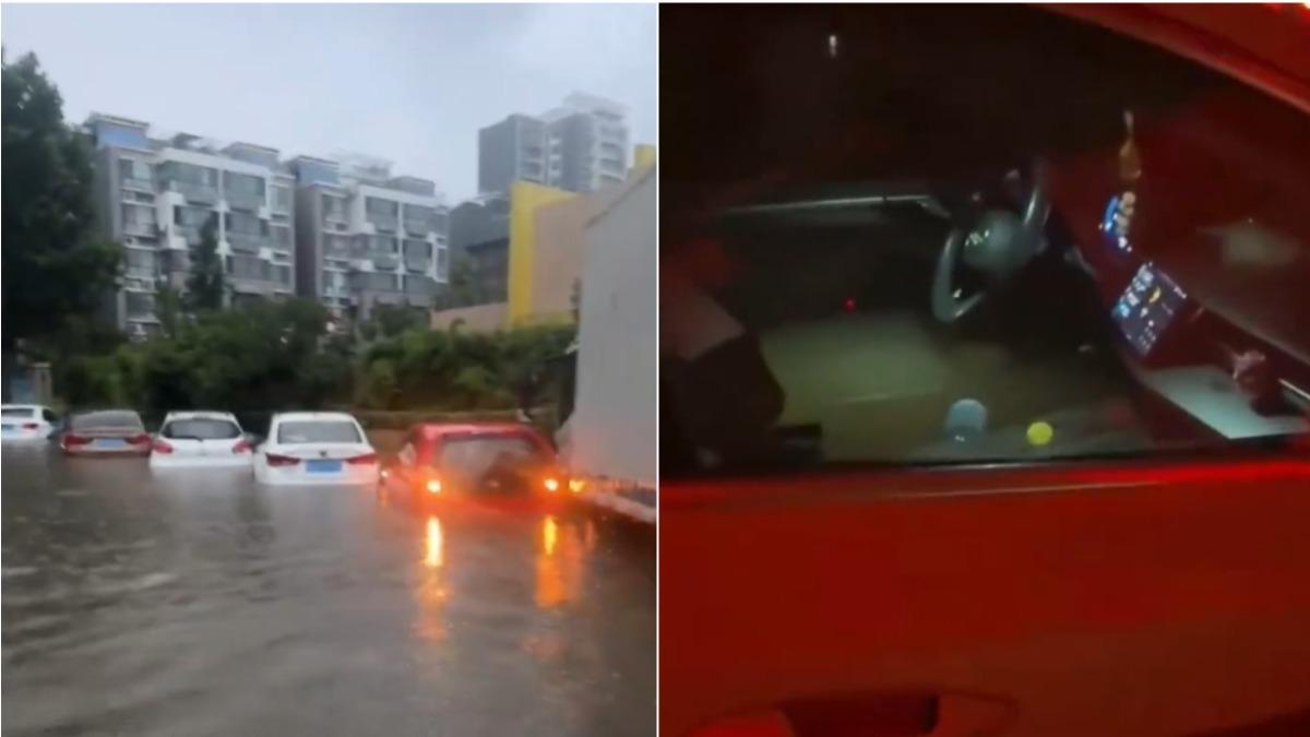 暴雨讓停車場的汽車全泡水。(圖/翻攝自 微博 青蜂俠)