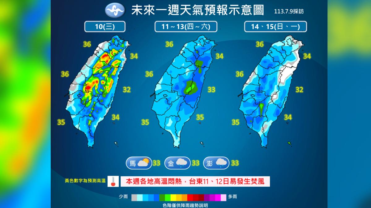 天氣/午後留意強降雨!未來一週當心極端高溫 1張圖看降雨熱區