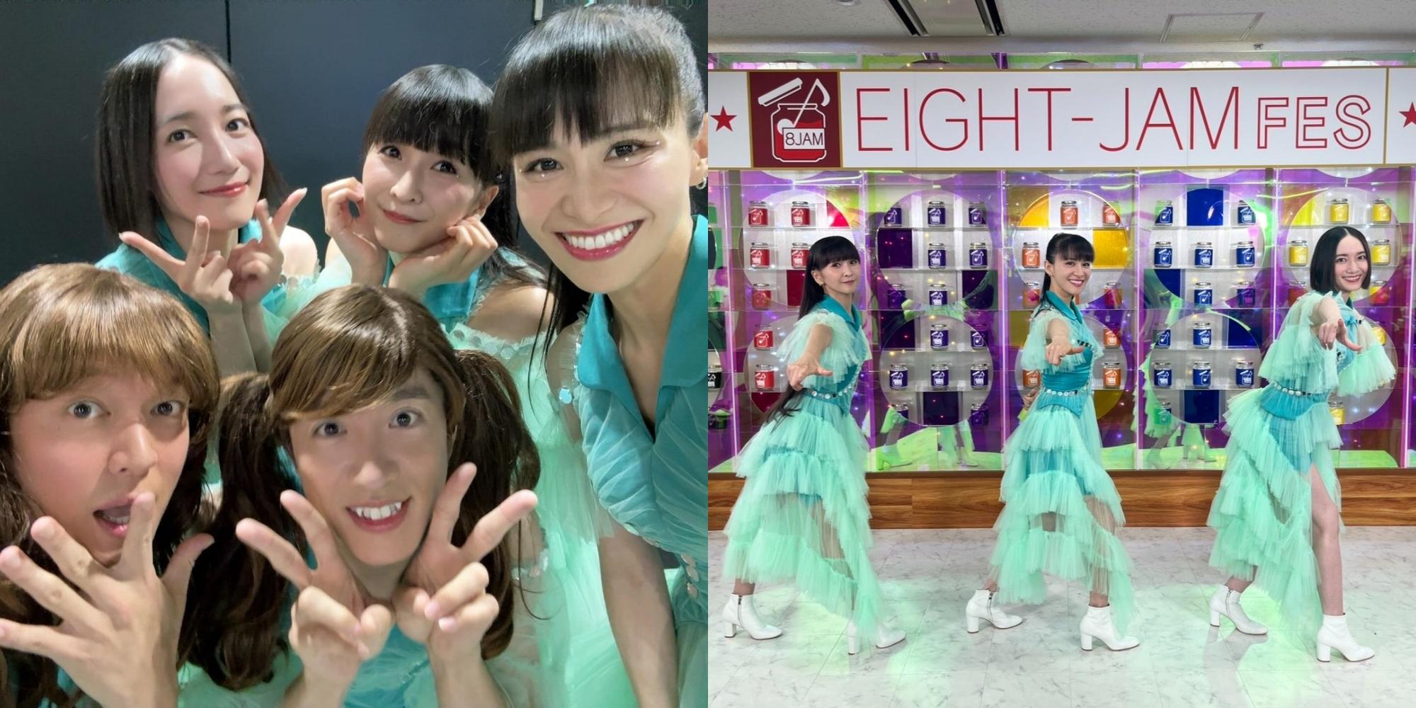 Perfume跟村上信五(前排中)、丸山隆平(前排左)組成5人女團,還在現場帶觀眾一起跳SUPER EIGHT招牌歌。(圖/翻攝自prfm_official、eight_jam_fes IG)