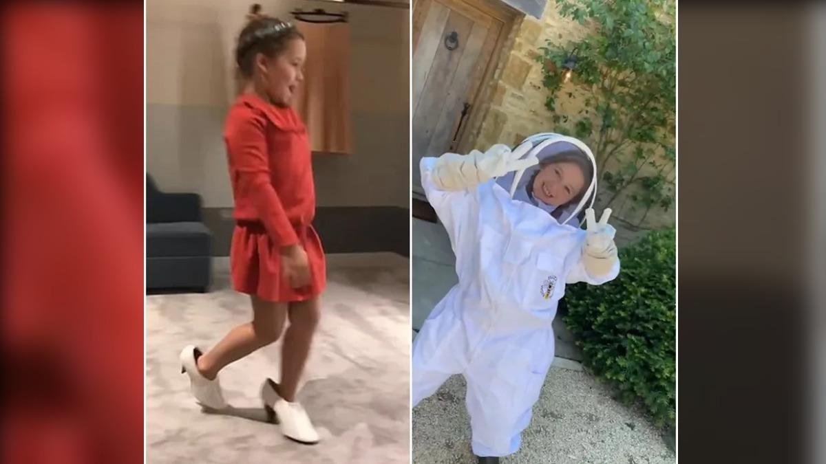 哈珀學媽媽穿高跟鞋走秀,還穿養蜂人的制服跳舞。(圖/翻攝自Victoria Beckham IG)
