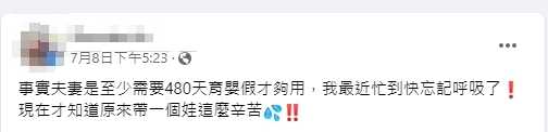 劉女在臉書感嘆帶娃辛苦。(圖/翻攝劉女臉書)