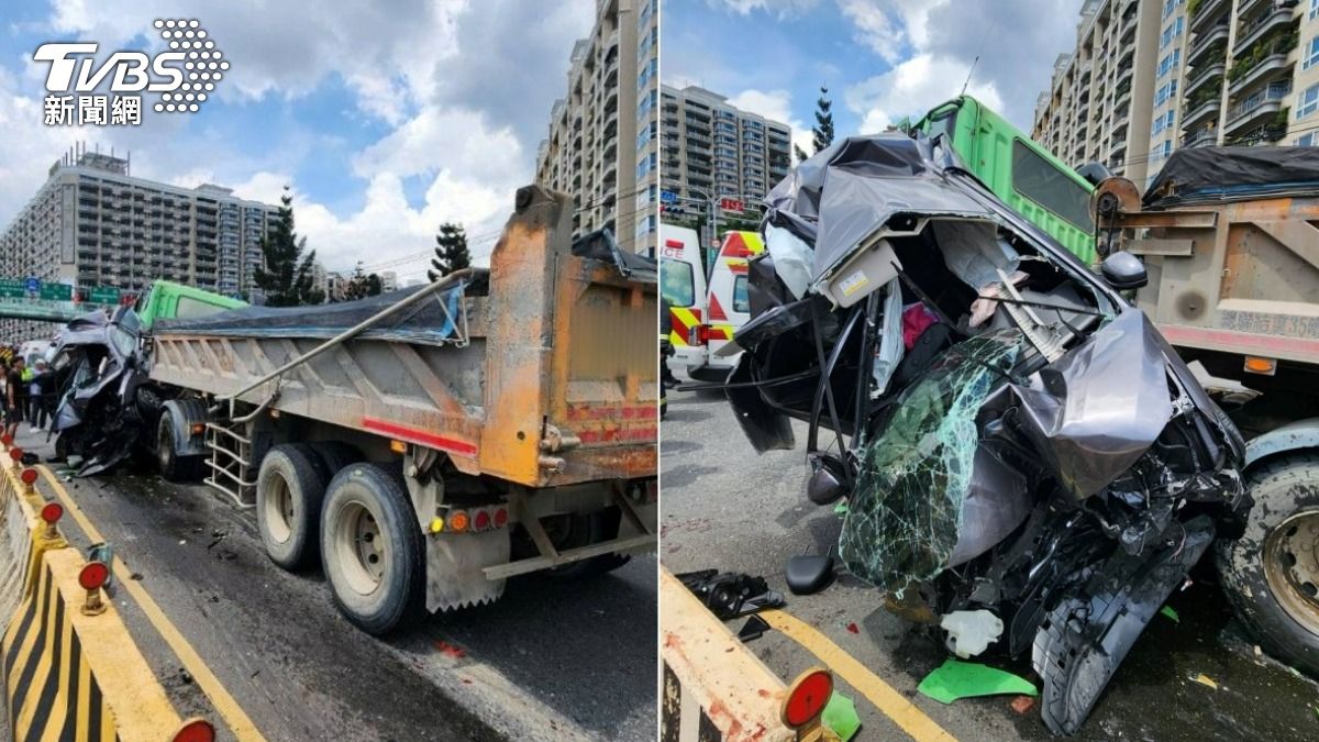 快訊/新北砂石車追撞前車 汽車撞成「一團廢鐵」…駕駛幸運逃生