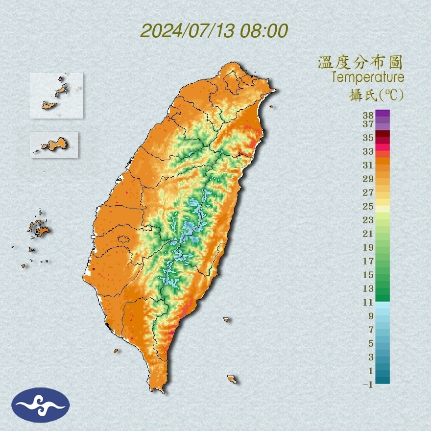今(13)日全台溫度分布圖。(圖/氣象署提供)