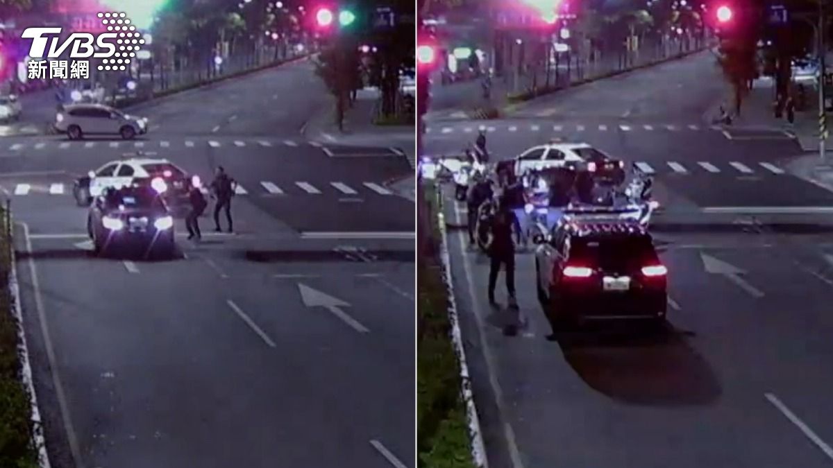 歐男被警方攔查,一度想倒車逃逸,但最後仍遭優勢警力包圍逮捕。(圖/TVBS)