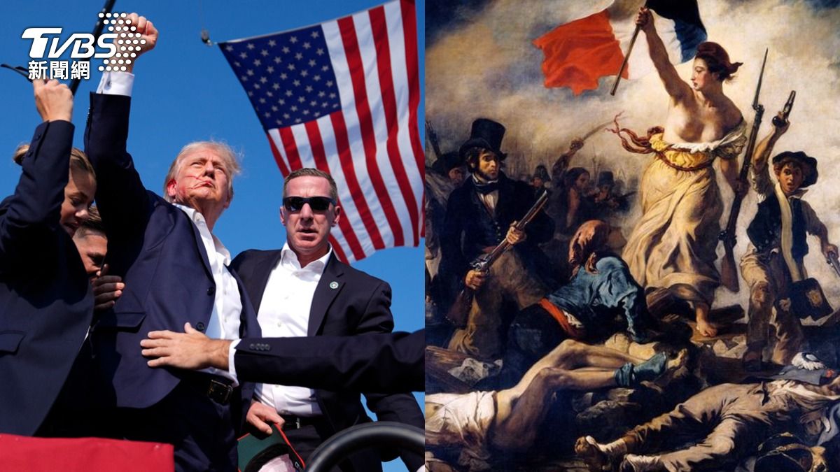 有人認為川普握拳照較像羅浮宮名畫《自由領導人民》（Liberty Leading the People）。（圖／翻攝自 PTT、達志影像美聯社）