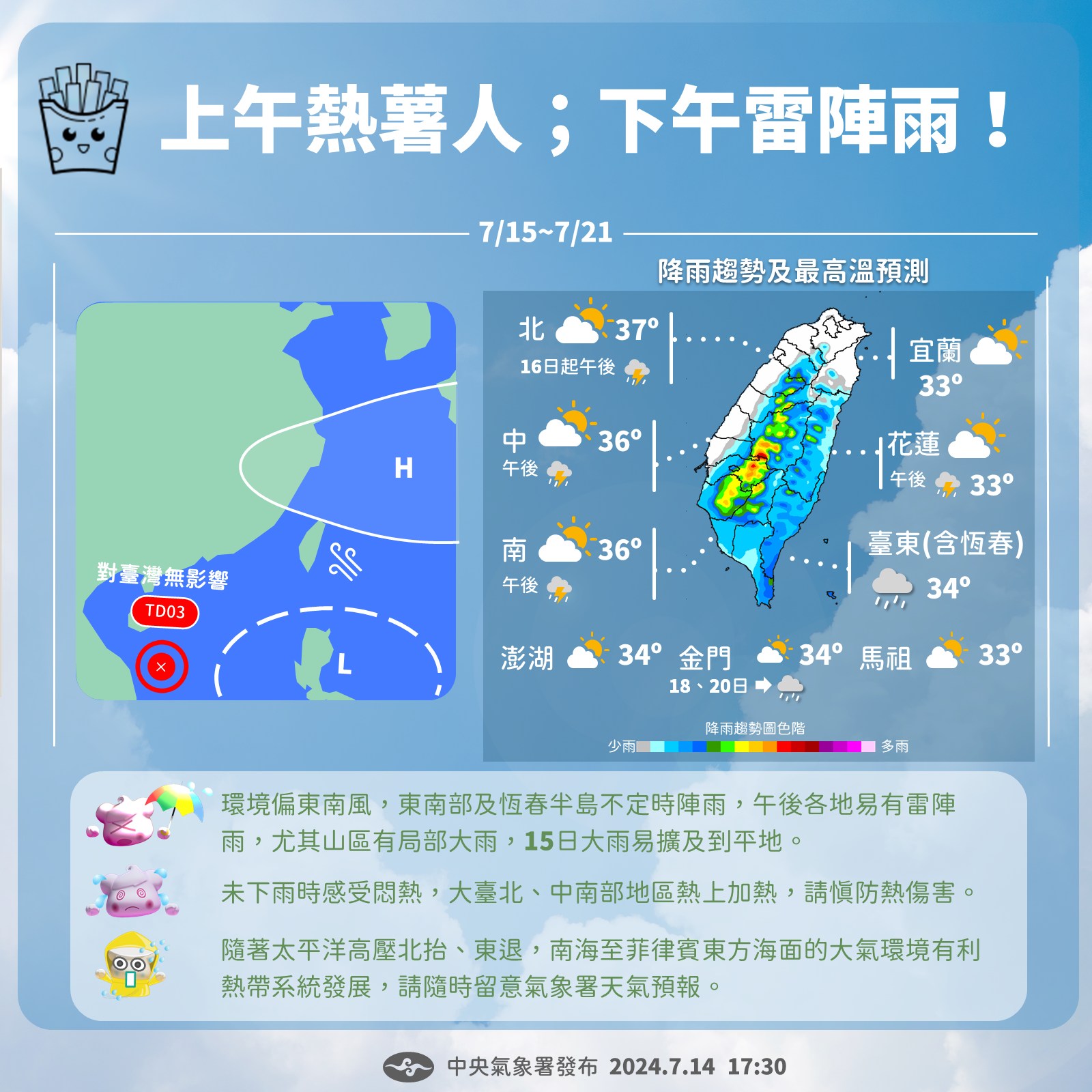 未來一週天氣仍又悶又熱。(圖/翻攝自氣象署臉書)